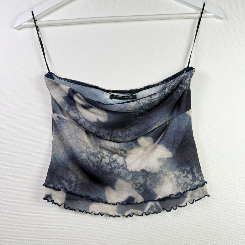 SILENCE + NOISE Blue Floral Mesh Cowl Neck Lettuce Edge Tube Top Small